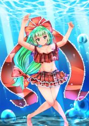 Rule 34 | 1girl, air bubble, arms up, bare legs, bare shoulders, barefoot, blush, bow, breasts, bubble, cleavage, commentary request, crop top, frilled bow, frilled ribbon, frills, green eyes, green hair, groin, hair bow, hair ribbon, highres, kagiyama hina, knees together feet apart, layered skirt, light rays, long hair, looking at viewer, medium breasts, midriff, miniskirt, navel, off-shoulder shirt, off shoulder, partial commentary, plaid, plaid shirt, plaid skirt, red bow, red ribbon, red shirt, red skirt, ribbon, shirt, short sleeves, skirt, skirt set, smile, solo, stomach, takashin nishichakai, thighs, touhou, underwater, unmoving pattern, very long hair