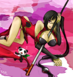 Rule 34 | 1girl, arc system works, bare shoulders, between breasts, black bra, black hair, blazblue, blazblue: calamity trigger, bra, breasts, china dress, chinese clothes, cleavage, dress, covered erect nipples, female focus, glasses, highres, lao jiu, large breasts, lingerie, litchi faye ling, long hair, lying, moyomoyo, nail polish, ponytail, purple eyes, solo, staff, underwear