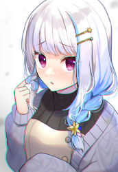 Rule 34 | 1girl, absurdres, black sweater, blue hair, blush, braid, cardigan, chromatic aberration, commentary request, grey cardigan, hair ornament, hairclip, highres, lize helesta, long hair, long sleeves, looking at viewer, multicolored hair, nijisanji, open cardigan, open clothes, parted lips, playing with own hair, purple eyes, shinomiya shino (sinosino141), silver hair, solo, sweater, turtleneck, turtleneck sweater, two-tone hair, upper body, virtual youtuber, white background
