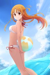 Rule 34 | 1girl, absurdres, asuna (sao), ball, bare arms, bare legs, beachball, bikini, blue sky, braid, breasts, brown eyes, brown hair, chisaku, closed mouth, day, floating hair, french braid, hair between eyes, halterneck, highres, holding, holding ball, long hair, looking at viewer, medium breasts, outdoors, red ribbon, ribbon, side-tie bikini bottom, sideboob, sky, smile, solo, summer, swimsuit, sword art online, wading, white bikini