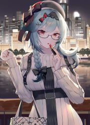 Rule 34 | 1girl, absurdres, bare shoulders, beret, black hairband, black headwear, blue hair, blush, braid, breasts, cityscape, eula (genshin impact), genshin impact, glasses, hair ornament, hairband, hat, highres, large breasts, lipstick, long sleeves, looking at viewer, makeup, medium hair, off-shoulder sweater, off shoulder, purple eyes, rib (rib delesetong), ribbed sweater, sidelocks, single braid, solo, sweater, white sweater