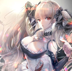 Rule 34 | 1girl, arm up, azur lane, bare shoulders, between breasts, black dress, breasts, cleavage, dated, dress, earrings, formidable (azur lane), frilled dress, frills, grey hair, hair ribbon, highres, hirose (10011), holding, holding own hair, jewelry, large breasts, light particles, long hair, long sleeves, looking at viewer, open mouth, red eyes, ribbon, rigging, signature, solo, twintails, twitter username, two-tone dress, two-tone ribbon, very long hair