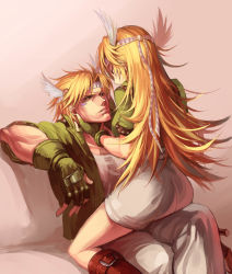 Rule 34 | 1boy, 1girl, belt boots, blonde hair, boots, caesar anthonio zeppeli, couch, dual persona, facial mark, feather hair ornament, feathers, fingerless gloves, genderswap, genderswap (mtf), girl on top, gloves, green eyes, green jacket, hair ornament, head wings, headband, highres, jacket, jojo no kimyou na bouken, knee boots, long hair, manly, ruukii drift, selfcest, sitting, sitting on lap, sitting on person, straddling, upright straddle, winged hair ornament, wings