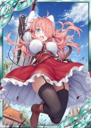 Rule 34 | 1girl, :d, akkijin, belt, blue eyes, boots, breasts, card (medium), day, dress, house, huge weapon, jumping, large breasts, multicolored clothes, multicolored dress, official art, one eye covered, open mouth, outdoors, pink hair, shinkai no valkyrie, smile, sword, thighhighs, weapon, windmill