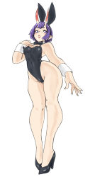 Rule 34 | 1girl, absurdres, alternate costume, animal ears, bare legs, black bow, black bowtie, black hairband, black leotard, bob cut, bow, bowtie, covered navel, detached collar, fake animal ears, fate/grand order, fate (series), full body, hairband, hand up, highleg, highleg leotard, highres, horns, leotard, looking at viewer, oni, parted lips, playboy bunny, pointy ears, purple eyes, purple hair, rabbit ears, red hair, short hair, shuten douji (fate), simple background, skin-covered horns, solo, standing, strapless, strapless leotard, toshinoshin, white background, wrist cuffs