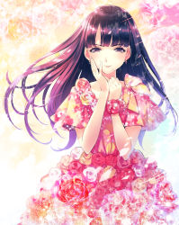 Rule 34 | 1girl, black hair, closed mouth, dress, flower, hand on own cheek, hand on own face, hands up, hirano katsuyuki, long hair, looking at viewer, michishige sayumi, mole, mole under mouth, morning musume, purple eyes, purple hair, real life, red dress, red flower, solo, straight hair