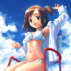 Rule 34 | 1girl, armpits, bikini, breasts, brown eyes, brown hair, cloud, day, flat chest, goto p, highres, navel, open clothes, open shirt, shirt, short hair, side-tie bikini bottom, sitting, small breasts, solo, swimsuit