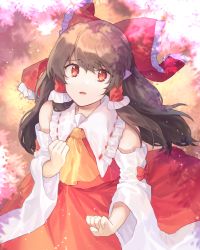 Rule 34 | 1girl, ascot, bad id, bad pixiv id, bare shoulders, bow, brown hair, cheunes, commentary, detached sleeves, frilled bow, frilled shirt collar, frills, hair bow, hair tubes, hakurei reimu, highres, long hair, long sleeves, looking at viewer, open mouth, red bow, red eyes, red skirt, sidelocks, skirt, skirt set, solo, touhou, wide sleeves, yellow ascot