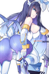 Rule 34 | 1girl, animal ears, artist name, ass, bakuzan, black hair, blue eyes, boots, breasts, colored inner hair, fake animal ears, from behind, frown, gloves, highres, hot vr, junketsu, kill la kill, kiryuuin satsuki, large breasts, long hair, looking at viewer, looking back, multicolored hair, patreon logo, patreon username, pixiv logo, pixiv username, rabbit ears, sideboob, simple background, solo, sword, thick eyebrows, thigh boots, weapon, white background