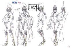Rule 34 | 1girl, absurdres, armor, armored boots, ass, back, bikini armor, boots, braid, breasts, cape, character sheet, curvy, female focus, gladiator, gloves, highres, holding, holding shield, holding sword, holding weapon, inoue eisaku, large breasts, long hair, looking at viewer, monochrome, multiple views, navel, official art, one piece, rebecca (one piece), revealing clothes, scan, settei, shield, single braid, sword, toei animation, translation request, turnaround, very long hair, weapon, wide hips