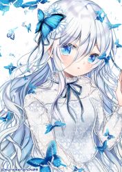 Rule 34 | 1girl, animal, blue butterfly, blue eyes, blue ribbon, blush, bug, butterfly, butterfly hair ornament, commentary request, dress, flower, hair between eyes, hair flower, hair ornament, highres, insect, kohaku muro, long hair, neck ribbon, original, parted lips, ribbon, see-through, silver hair, solo, twitter username, upper body, very long hair, white dress, white flower