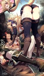 Rule 34 | 1boy, 1girl, animal ear fluff, animal ears, ass, bandages, bent over, black thighhighs, black wings, blonde hair, blue eyes, boots, cat ears, cat girl, cat tail, clothes grab, collarbone, crescentia fortuna, eye contact, fangs, feather necklace, fingerless gloves, fingernails, fire emblem, fire emblem: radiant dawn, gloves, hand on another&#039;s chest, heart, heart-shaped pupils, highres, jewelry, leather belt, long hair, looking at another, nail polish, necklace, nintendo, nipples, open clothes, open mouth, original, pants, pectorals, pointy ears, scar, scar on face, shirt grab, short shorts, shorts, side slit, side slit shorts, sidelocks, symbol-shaped pupils, tail, thighhighs, tibarn (fire emblem), very long hair, white nails, white pants, wings, yellow eyes, zettai ryouiki