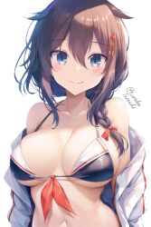 Rule 34 | 1girl, bare shoulders, bikini, black bikini, blue eyes, blush, braid, breasts, brown hair, cleavage, hair between eyes, hair flaps, hair over shoulder, highres, jacket, kantai collection, large breasts, long hair, looking at viewer, open clothes, open jacket, red ribbon, ribbon, sailor bikini, sailor collar, shigure (kancolle), shigure kai ni (kancolle), simple background, single braid, smile, solo, swimsuit, tateishi kureha, twitter username, upper body, white background, white jacket