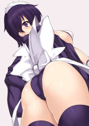 Rule 34 | 1girl, ass, ass focus, bad id, bad pixiv id, bow, breasts, from below, hairband, highleg, highleg leotard, huge ass, iroha (samurai spirits), large breasts, leotard, leotard under clothes, looking back, maid headdress, nagase haruhito, purple eyes, purple hair, samurai spirits, shiny skin, short hair, sideboob, snk, solo, strapless, strapless leotard, thighhighs, thighs, thong leotard, wide hips