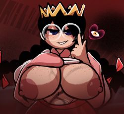 Rule 34 | 1girl, adjusting eyewear, black hair, bow, braid, breasts, clothes lift, crown, dark matter (kirby), freckles, glasses, groin, hair bow, half-closed eyes, heart, highres, huge breasts, kirby (series), kirby 64, large areolae, long hair, long sleeves, looking at viewer, navel, nintendo, nipples, no nose, parted lips, pink sailor collar, red background, red bow, red skirt, rimless eyewear, ripple star queen, royaloppai, sailor collar, shirt, shirt lift, single eye, skirt, sleeves past fingers, sleeves past wrists, smirk, solo, spoilers, twin braids, upper body, white shirt