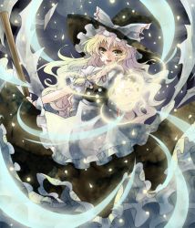 Rule 34 | 1girl, blonde hair, braid, broom, female focus, foreshortening, frills, gathers, glowing, hat, kirisame marisa, light particles, long hair, looking at viewer, magic, mini-hakkero, open mouth, side braid, smile, solo, touhou, vetina, witch, witch hat, yellow eyes