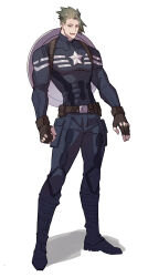 Rule 34 | 1boy, absurdres, achilles (fate), arms at sides, bags under eyes, belt, blue footwear, blue pants, blue shirt, brown belt, captain america, captain america (cosplay), clenched hand, cosplay, fate (series), full body, green hair, haruakira, highres, looking at viewer, male focus, marvel, marvel cinematic universe, muscular, muscular male, open mouth, pants, shield, shield on back, shirt, short hair, solo, standing, star (symbol), superhero costume, undercut