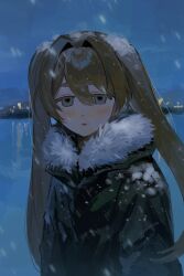 Rule 34 | 1girl, blonde hair, blue eyes, city lights, cityscape, coat, fur-trimmed coat, fur trim, green coat, hair between eyes, hair intakes, highres, inu dakisime, light blush, long hair, looking at viewer, night, open mouth, original, outdoors, sidelocks, snow, snow on body, snow on head, snowing, solo, twintails, water
