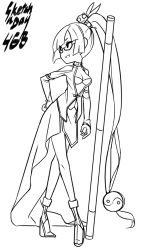 Rule 34 | 1girl, absurdly long hair, arc system works, bare legs, bare shoulders, blazblue, blazblue: calamity trigger, boots, breasts, chibi, cleavage, crossed legs, detached sleeves, dress, eu03, full body, glasses, greyscale, hair ornament, hand on own hip, lao jiu, crossed legs, litchi faye ling, long hair, low-tied long hair, medium breasts, monochrome, panda, ponytail, semi-rimless eyewear, smile, solo, standing, very long hair, watson cross, yin yang