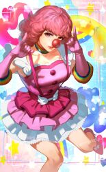 Rule 34 | 1girl, ace attorney, balloon animal, bare legs, bow, cherryekdyd, clown nose, eyelashes, eyeshadow, geiru toneido, gloves, grey eyes, heart, high heels, highres, layered skirt, looking at viewer, makeup, medium hair, phoenix wright: ace attorney - spirit of justice, pink footwear, pink gloves, pink hair, pink shirt, pink skirt, purple eyeshadow, rainbow, rainbow choker, shirt, skirt, solo, star (symbol), suspenders, suspenders pull, twitter username, white bow