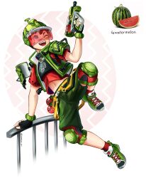 Rule 34 | 1boy, armor, artist name, black gloves, fingerless gloves, gloves, green footwear, green shorts, helmet, highres, knee pads, leg up, midriff peek, navel, one eye closed, open mouth, original, personification, red shirt, reference inset, semmya ori, shirt, shoes, short sleeves, shorts, smile, solo, watermark