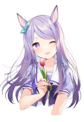 Rule 34 | 1girl, ;d, absurdres, animal ears, aqua bow, black bow, blush, bow, commentary request, cropped torso, ear bow, flower, head tilt, highres, holding, holding flower, horse ears, horse girl, light purple hair, long hair, looking at viewer, mejiro mcqueen (umamusume), one eye closed, open mouth, puffy short sleeves, puffy sleeves, purple eyes, purple shirt, red flower, sailor collar, school uniform, shiino sera, shirt, short sleeves, signature, simple background, smile, solo, swept bangs, tulip, umamusume, white background, white sailor collar
