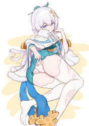Rule 34 | 1girl, :d, absurdres, blue eyes, chinese clothes, feet out of frame, hair ornament, highres, honkai (series), honkai impact 3rd, long hair, long sleeves, looking at viewer, lying, on side, open mouth, panties, smile, soles, solo, takiha, teeth, theresa apocalypse, zhuge kongming (honkai impact), thighhighs, toes, torn clothes, torn thighhighs, underwear, white background, white hair, white panties, white thighhighs, zhuge kongming (honkai impact)