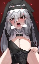 Rule 34 | 1girl, absurdres, arknights, black dress, blush, breasts, cleavage, clothes pull, dress, dress pull, drooling, grey hair, habit, heart, heart-shaped pupils, heavy breathing, highres, horn/wood, large breasts, leaning forward, long hair, long sleeves, looking at viewer, nun, open mouth, pelvic curtain, pulled by self, red background, red eyes, saliva, sharp teeth, simple background, sitting, solo, specter (arknights), symbol-shaped pupils, teeth, tongue, tongue out, upper body, very long hair