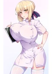 Rule 34 | 1girl, absurdres, alternate breast size, artoria pendragon (all), artoria pendragon (fate), blonde hair, blush, breasts, clipboard, cowboy shot, fate/stay night, fate (series), hair ribbon, highres, hirasawa seiji, huge breasts, looking at viewer, nurse, open mouth, ribbon, saber alter, short hair, solo, speech bubble, thighhighs, thighs, white thighhighs, yellow eyes