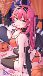 Rule 34 | 1girl, :q, absurdres, ahoge, ass, bikini, black thighhighs, bow, bowtie, breasts, candy, candy wrapper, cat hair ornament, cleavage, corset, demon tail, demon wings, food, ghost hair ornament, green eyes, hair bow, hair ornament, halloween, highres, hololive, jack-o&#039;-lantern, large breasts, night, nyan (reinyan 007), orange bikini, orange bow, orange bowtie, pink hair, pumpkin, sakura miko, silk, sitting, solo, spider web, swimsuit, tail, thighhighs, tongue, tongue out, virtual youtuber, window, wings, yokozuwari