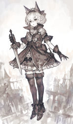 Rule 34 | 1girl, animal ears, armor, black thighhighs, boots, bow, commentary request, dagger, fanny pack, frilled skirt, frilled sleeves, frills, gloves, hair bow, high collar, highres, knife, leather, leather gloves, original, sepia, sheath, sheathed, short sleeves, short sword, shoulder armor, skirt, solo, sword, thighhighs, weapon, yanyan (shinken gomi)