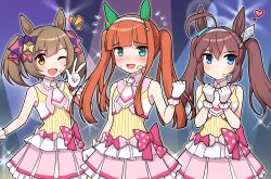 Rule 34 | 3girls, ;d, @ @, animal ears, blue eyes, blunt bangs, blush, bow, breasts, brown eyes, brown hair, clenched hand, closed mouth, commentary request, flying sweatdrops, frilled skirt, frills, gloves, green eyes, hair between eyes, hair bow, hairband, hand up, hands up, headset, heart, highres, horse ears, looking at viewer, matching outfits, medium breasts, mihono bourbon (umamusume), multiple girls, nigekiri sisters (umamusume), notice lines, one eye closed, open mouth, orange hair, outline, pink bow, pink skirt, pleated skirt, purple bow, shirt, silence suzuka (umamusume), skirt, sleeveless, sleeveless shirt, smart falcon (umamusume), smile, takiki, twintails, umamusume, v, white gloves, white hairband, white outline, white shirt, yellow bow