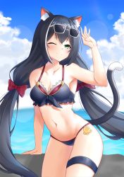 Rule 34 | 1girl, ;), absurdres, animal ear fluff, animal ears, aqua eyes, arm up, armpits, bare arms, bare shoulders, bikini, black bikini, black hair, blue sky, blush, bow, breasts, cat ears, cat girl, cat tail, cleavage, closed mouth, cloud, collarbone, cowboy shot, day, eyewear on head, frilled bikini, frills, hair bow, highres, karyl (princess connect!), karyl (summer) (princess connect!), long hair, looking away, looking to the side, low twintails, medium breasts, multicolored hair, navel, nyanyang, ocean, one eye closed, outdoors, princess connect!, red bow, sky, smile, solo, split mouth, stomach, streaked hair, sunglasses, swimsuit, tail, thigh strap, twintails, two-tone hair, very long hair, white-framed eyewear, white hair
