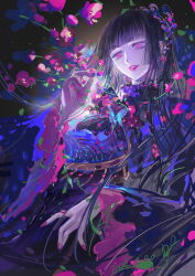 1girl abstract abstract_background absurdres black_hair bug butterfly dated earrings flower highres ichihara_yuuko insect jewelry long_hair multicolored_clothes pink_nails red_eyes solo witch xxxholic yukmomo