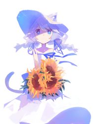 Rule 34 | 1girl, absurdres, animal ears, bare shoulders, blue eyes, blue ribbon, braid, cat ears, cat tail, dress, flower, grey hair, hat, highres, leaf, long hair, looking at viewer, natsu-no-kamisama, no mouth, original, ribbon, shadow, simple background, solo, strapless, strapless dress, sunflower, tail, twin braids, white background, white dress, white hat, yellow flower