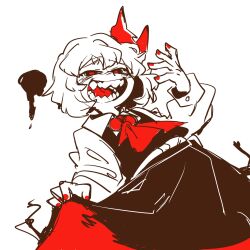 Rule 34 | 1girl, ascot, black skirt, black vest, commentary, english commentary, ezier, hair ribbon, highres, long sleeves, looking at viewer, red ascot, red eyes, red nails, red ribbon, ribbon, rumia, sharp teeth, shirt, short hair, simple background, skirt, solo, teeth, touhou, vest, white background, white shirt