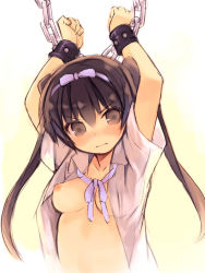 Rule 34 | 1girl, 3:, 3:&lt;, angry, arms up, blush, bow, breasts, brown eyes, brown hair, chain, closed mouth, collarbone, cuffs, dress shirt, female focus, hair between eyes, hair bow, hair ribbon, kurasuke, long hair, looking at viewer, medium breasts, nipples, no bra, open clothes, open shirt, purple bow, purple ribbon, ribbon, shackled, shackles, shirt, short sleeves, sidelocks, solo, twintails, upper body, v-shaped eyebrows