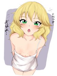 Rule 34 | 1girl, babydoll, blonde hair, breasts, downblouse, from above, green eyes, highres, idolmaster, idolmaster cinderella girls, looking at viewer, medium hair, messy hair, mrhunking, open mouth, perspective, pov, sakurai momoka, simple background, small breasts, standing, translation request, waking up, white background