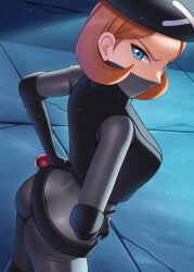 Rule 34 | 1girl, aldith (pokemon), ass, belt, beret, black belt, black gloves, black hat, blue eyes, bodysuit, commentary request, creatures (company), crop top, elbow gloves, from above, from behind, game freak, gloves, grey bodysuit, hands on own hips, hat, highres, light particles, looking at viewer, looking back, mask, mouth mask, nintendo, orange hair, poke ball, poke ball (basic), pokemon, pokemon bw2, short hair, solo, team plasma grunt, v-shaped eyebrows, watanuki kaname