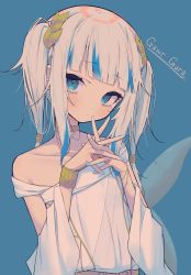 Rule 34 | 1girl, absurdres, blue background, blue eyes, blue hair, blue nails, blush, bracelet, character name, choker, closed mouth, commentary request, dress, gawr gura, gawr gura (party dress), hands up, highres, hikap, hololive, hololive english, jewelry, laurel crown, looking at viewer, multicolored hair, nail polish, own hands clasped, own hands together, sidelocks, silver hair, solo, streaked hair, twintails, upper body, virtual youtuber, white dress