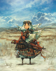 Rule 34 | 1girl, ammunition pouch, asterisk kome, bayonet, blue eyes, bolt action, brown hair, cloud, cloudy sky, day, gloves, grass, green eyes, gun, lee-enfield, looking at viewer, original, outdoors, pouch, rifle, shawl, sky, solo, standing, tan, weapon