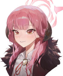 Rule 34 | 1girl, absurdres, aru (blue archive), black horns, blue archive, blush, brown coat, brown eyes, coat, collared shirt, demon horns, fur-trimmed coat, fur trim, halo, highres, horns, long hair, neck ribbon, ninebell, open mouth, pink hair, pink halo, portrait, red ribbon, ribbon, shirt, simple background, solo, white background, white shirt