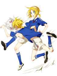 Rule 34 | 1boy, 1girl, bad id, bad pixiv id, ball, blonde hair, blue eyes, brother and sister, cleats, hair ornament, hairband, hairclip, highres, japan, kagamine len, kagamine rin, mitre revolve, playing sports, psd, short hair, shorts, siblings, simple background, soccer, soccer ball, socks, sweatdrop, twins, vocaloid