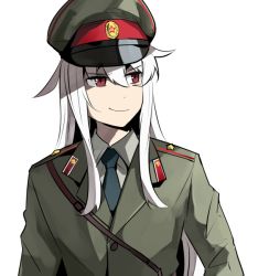 Rule 34 | 1girl, bad id, bad twitter id, blue necktie, call of duty, call of duty: black ops cold war, gangut (kancolle), green hat, green jacket, hair between eyes, hammer and sickle, hat, ido (teketeke), jacket, kantai collection, long hair, long sleeves, military, military hat, military uniform, necktie, red eyes, scar, scar on face, sidelocks, simple background, smirk, solo, uniform, white background, white hair