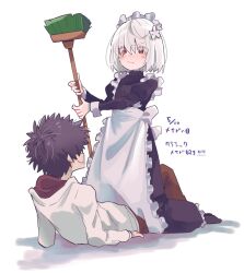 Rule 34 | 1girl, accelerator (toaru majutsu no index), albino, androgynous, annoyed, apron, black dress, black footwear, black pants, blush, broom, dated, dated commentary, dress, flat chest, flower, frilled apron, frills, frown, genderswap, genderswap (mtf), hair flower, hair ornament, highres, holding, holding broom, hood, hood down, hoodie, kamijou touma, knee up, long dress, long sleeves, looking at another, maid, maid apron, maid day, maid headdress, pale skin, pants, pout, red eyes, ryokutou, sanpaku, shadow, short hair, sitting, sitting on person, sketch, smile, spiked hair, suzushina yuriko, toaru majutsu no index, white apron, white background, white hair, white hoodie