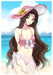 Rule 34 | 1girl, aerith gainsborough, arms behind back, bare arms, beach, bikini, bow, breasts, brown hair, cleavage, cloud, cloudy sky, costa del sol, final fantasy, final fantasy vii, final fantasy vii remake, flower, green eyes, hat, hat flower, highres, long hair, medium breasts, midriff peek, mochee bi, navel, parted bangs, pink bikini, pink hat, see-through, sky, solo, sparkle, square enix, sun hat, swimsuit, tongue, tongue out, upper body, water, wavy hair, yellow flower