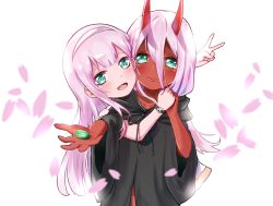 Rule 34 | 10s, 2girls, bigroll, blush, bracelet, candy, colored skin, darling in the franxx, fangs, food, green eyes, hair between eyes, hairband, highres, holding, holding food, hood, hood down, hooded robe, horns, hug, hug from behind, jewelry, long hair, looking at viewer, multiple girls, oni horns, open mouth, petals, pink hair, red horns, red skin, robe, simple background, time paradox, v, white hairband, aged down, zero two (darling in the franxx)