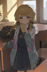 Rule 34 | 1girl, absurdres, blonde hair, blue overskirt, blue vest, blush, braid, cellphone, classroom, commentary, fujita kotone, gakuen idolmaster, hair ribbon, highres, holding, holding phone, idolmaster, jacket, light smile, long hair, long sleeves, looking at viewer, multicolored clothes, multicolored jacket, nnmbpx, phone, pleated skirt, ribbon, skirt, solo, twin braids, vest, yellow eyes