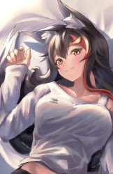 Rule 34 | 1girl, absurdres, animal ears, bed sheet, black hair, breasts, clothes lift, collarbone, eyelashes, highres, hololive, large breasts, logo, long hair, long sleeves, looking at viewer, lying, multicolored hair, mushrooming man, on back, on bed, ookami mio, ookami mio (casual), shirt, shirt lift, sidelocks, smile, solo, streaked hair, very long hair, virtual youtuber, white shirt, wolf ears, yellow eyes