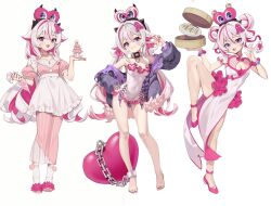 Rule 34 | 1girl, 3girls, alternate costume, apron, bare shoulders, breasts, chain, chained, character sheet, chef, chinese clothes, clara (mio-muo1206), cleavage cutout, clothing cutout, crown, cupcake, doppelganger, fang, feet, food, full body, hat, heart, heart-shaped pupils, heart (symbol), heart cutout, heels, highres, horns, jacket, legs, light blush, long hair, medium breasts, mio-muo1206, multicolored hair, multiple girls, navel, one leg raised, open mouth, original, pink hair, pink toenails, purple eyes, ribbon, shoes, smile, socks, spiked hair, stitches, symbol-shaped pupils, toenails, toes, twintails, two-tone hair, v, white background, white hair, white socks